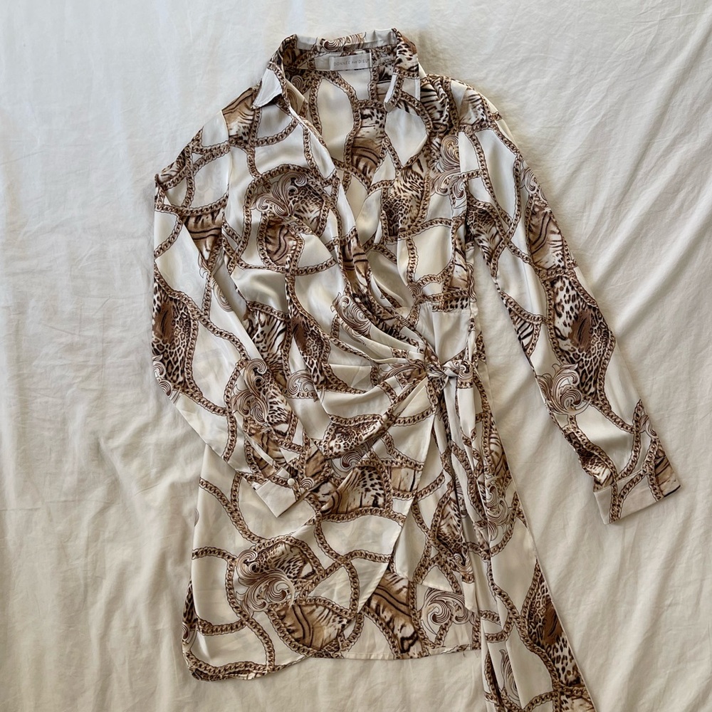 Vintage Chain Print Wrap Satin Shirt Dress